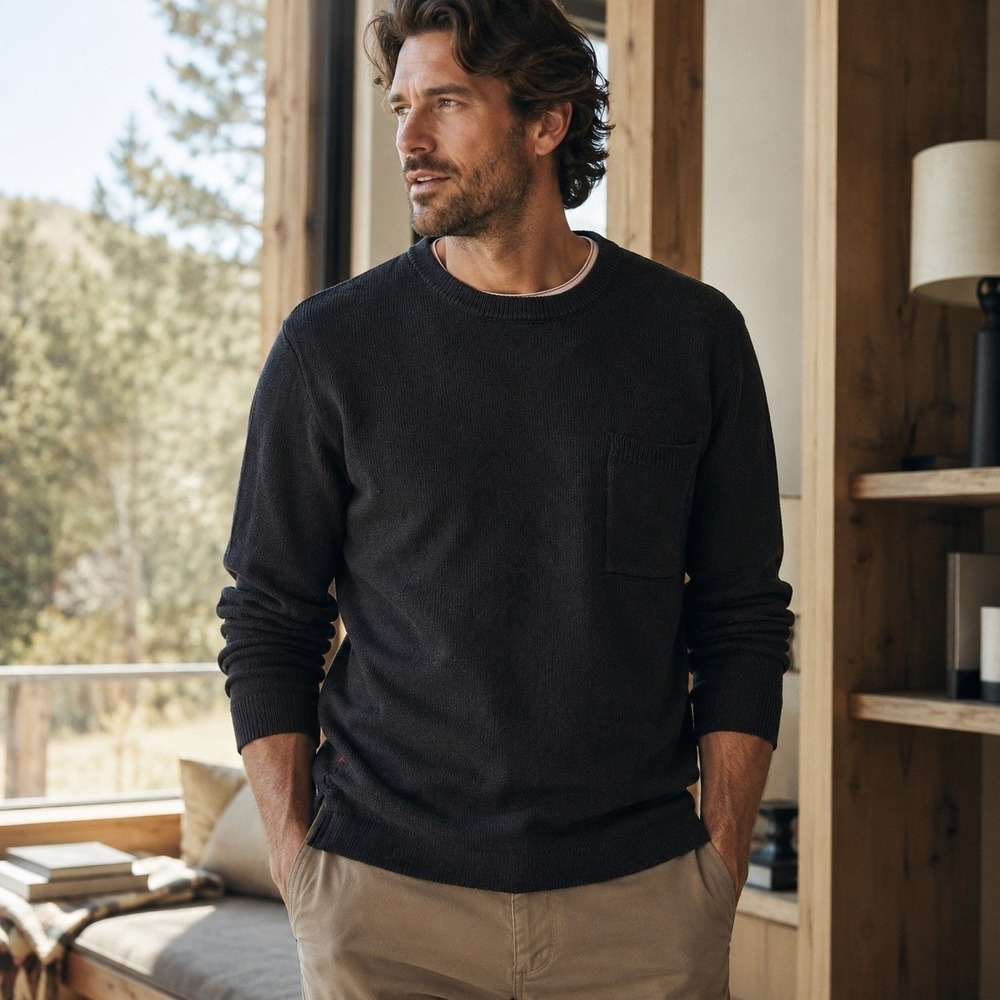 Huckberry Relwen Cotton Linen Sweater Mens L Black Crewneck Pocket Pullover